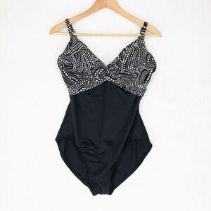 Miraclesuit One Piece Swimsuit Womens Size 14 Black Geometric Twist Roswell